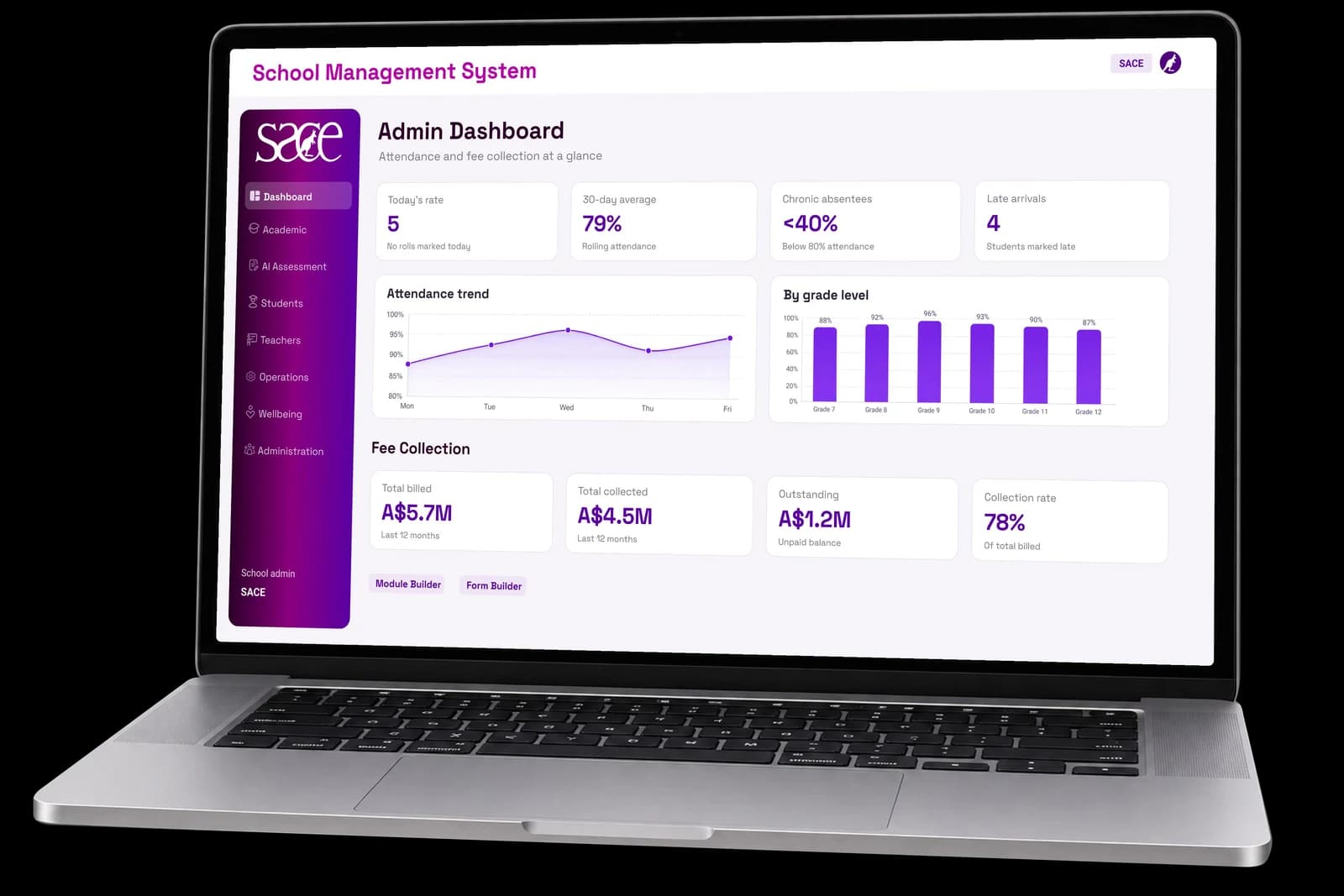 Exelere School Management System admin dashboard on a laptop